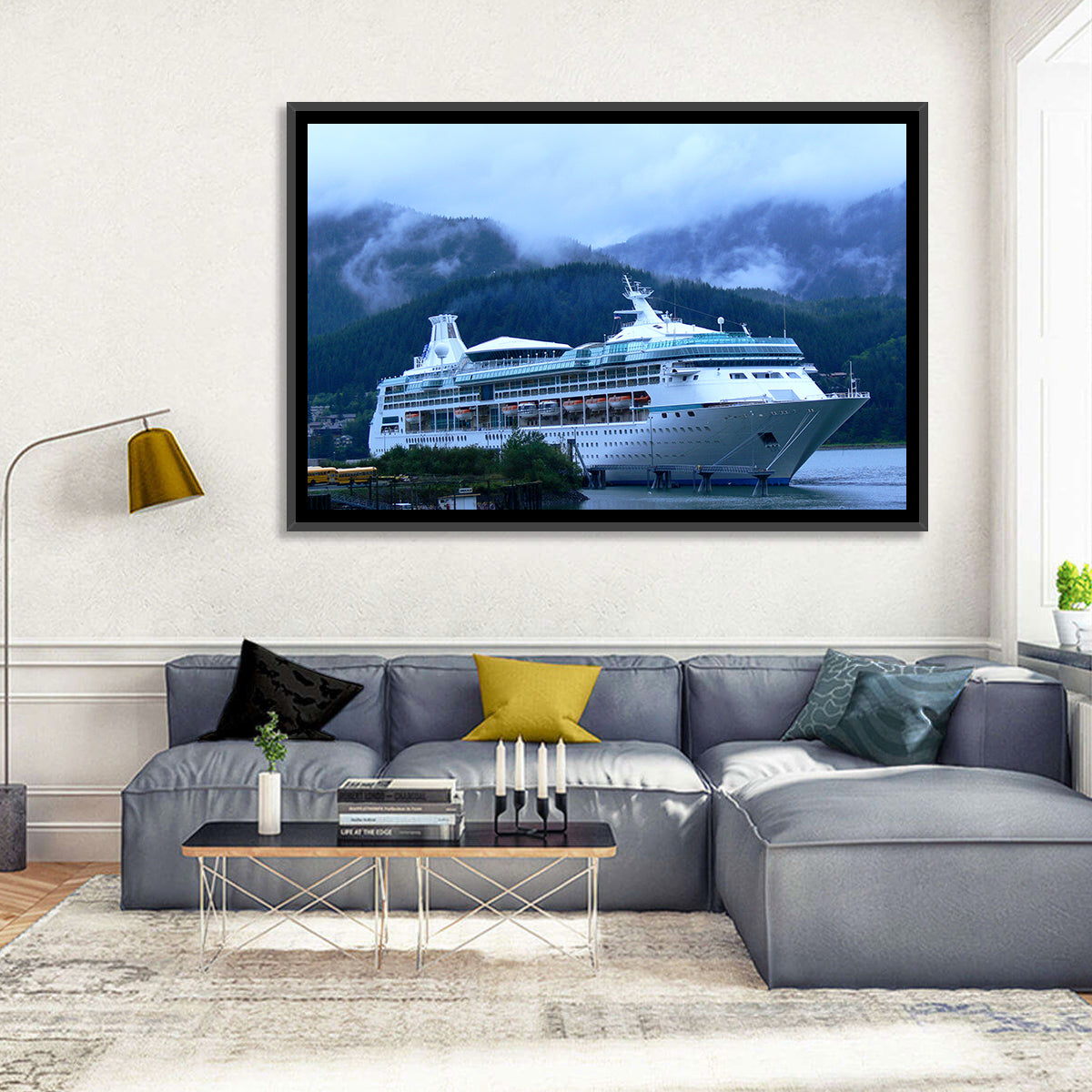 Misty Docked Cruise Ship Wall Art in a room, landscape