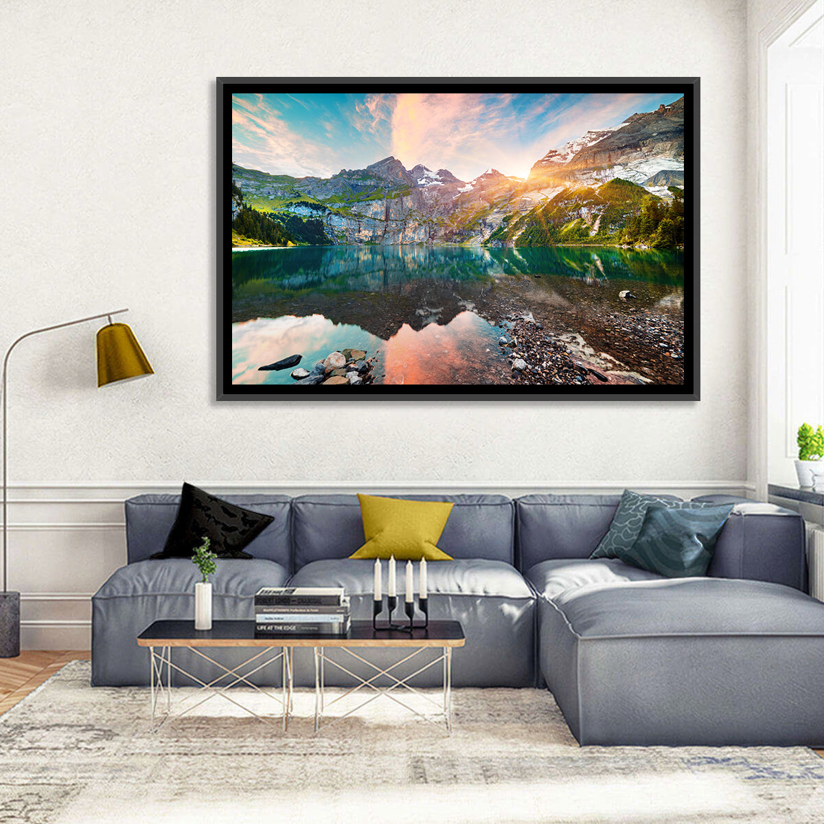 Oeschinensee Reflection Wall Art in a room, landscape