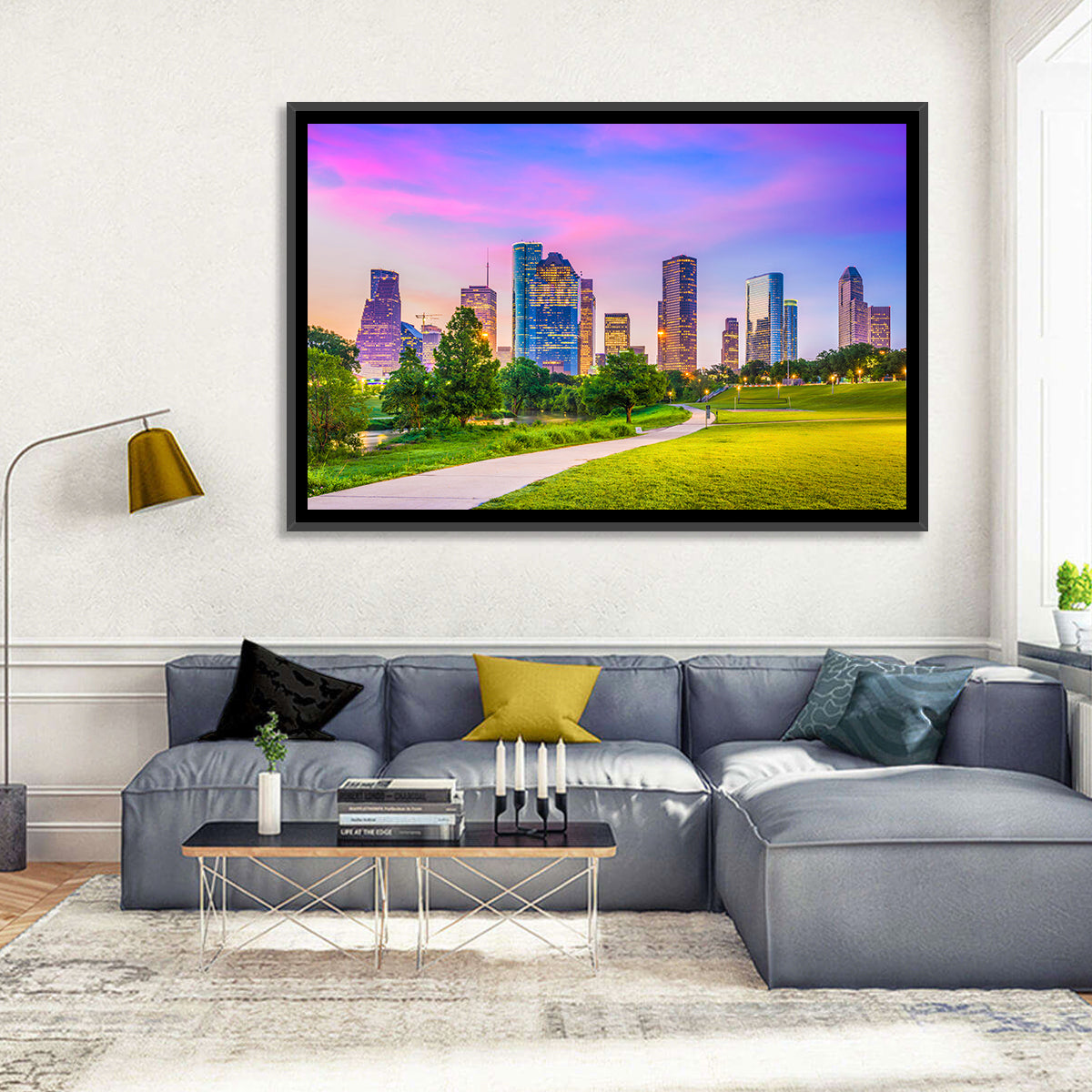 Houston Skyline at Dusk Wall Art in a room, landscape