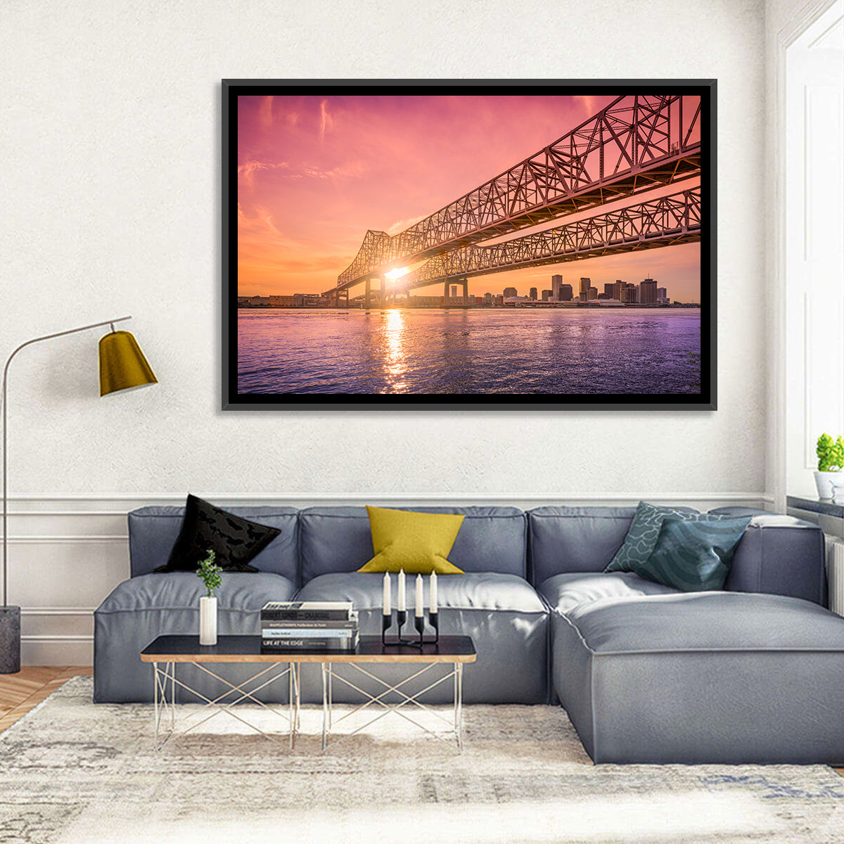 Crescent City Connection at Sunset Wall Art in a room, landscape