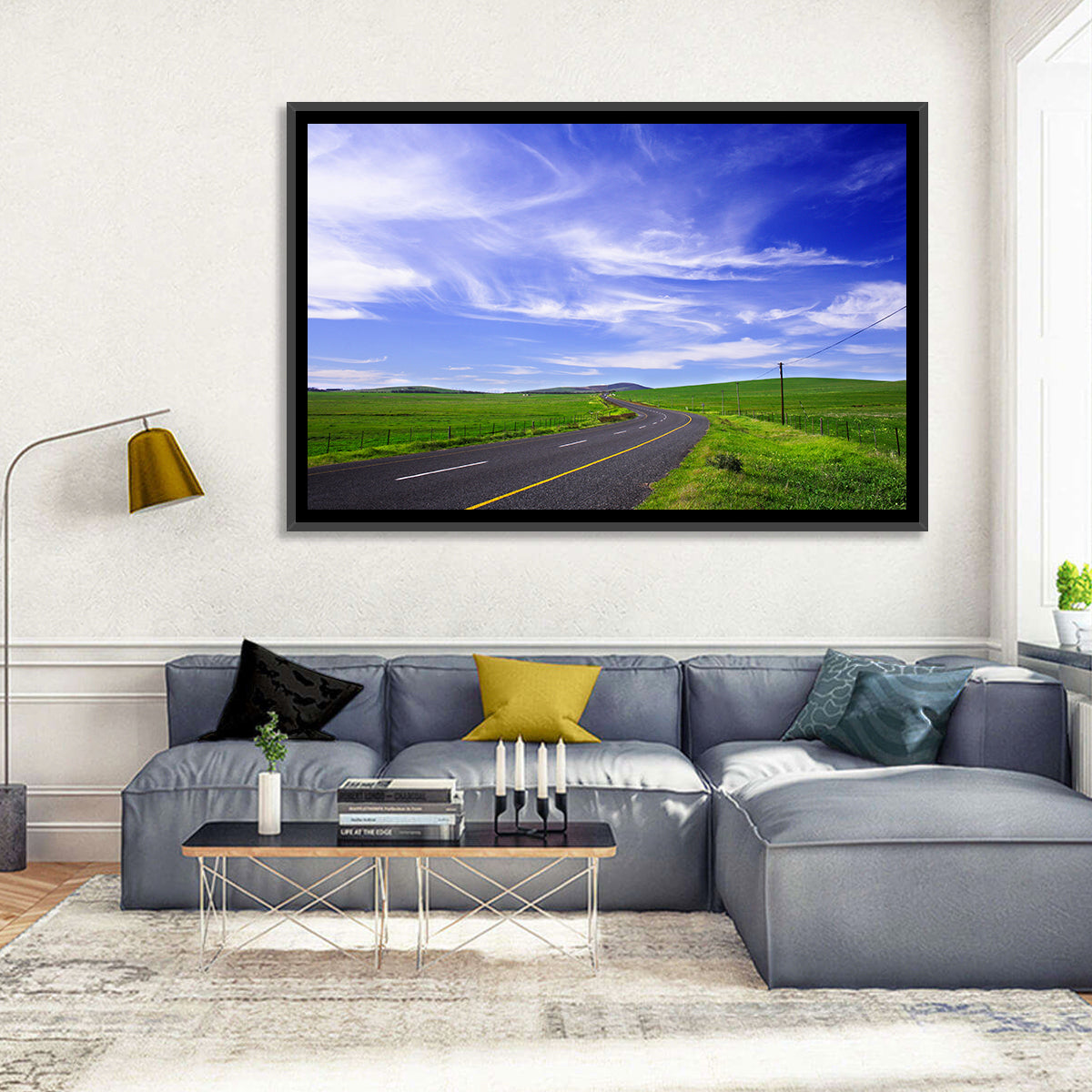 Winding Country Road in Green Fields Wall Art in a room, landscape