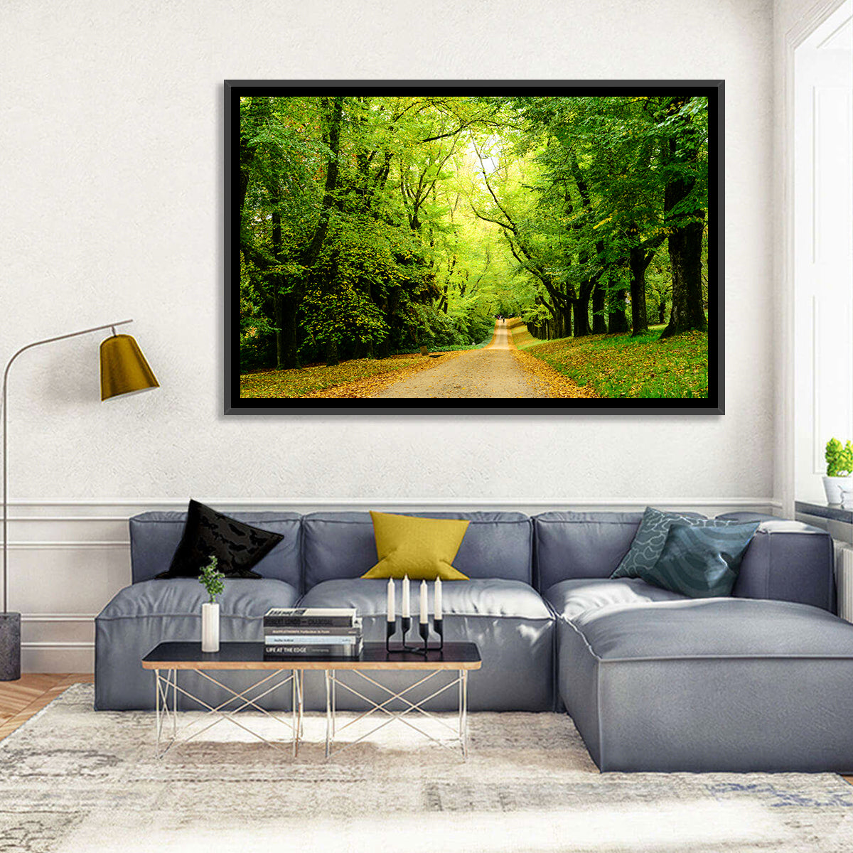 Sunlit Forest Pathway Wall Art in a room, landscape