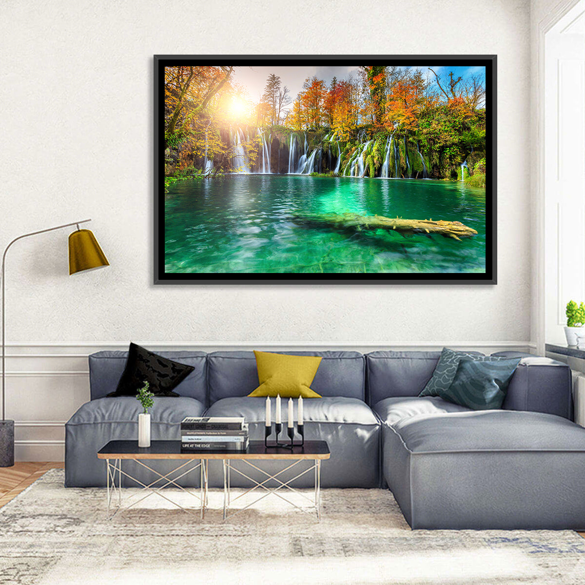 Autumn Waterfalls at Plitvice Lakes Wall Art in a room, landscape