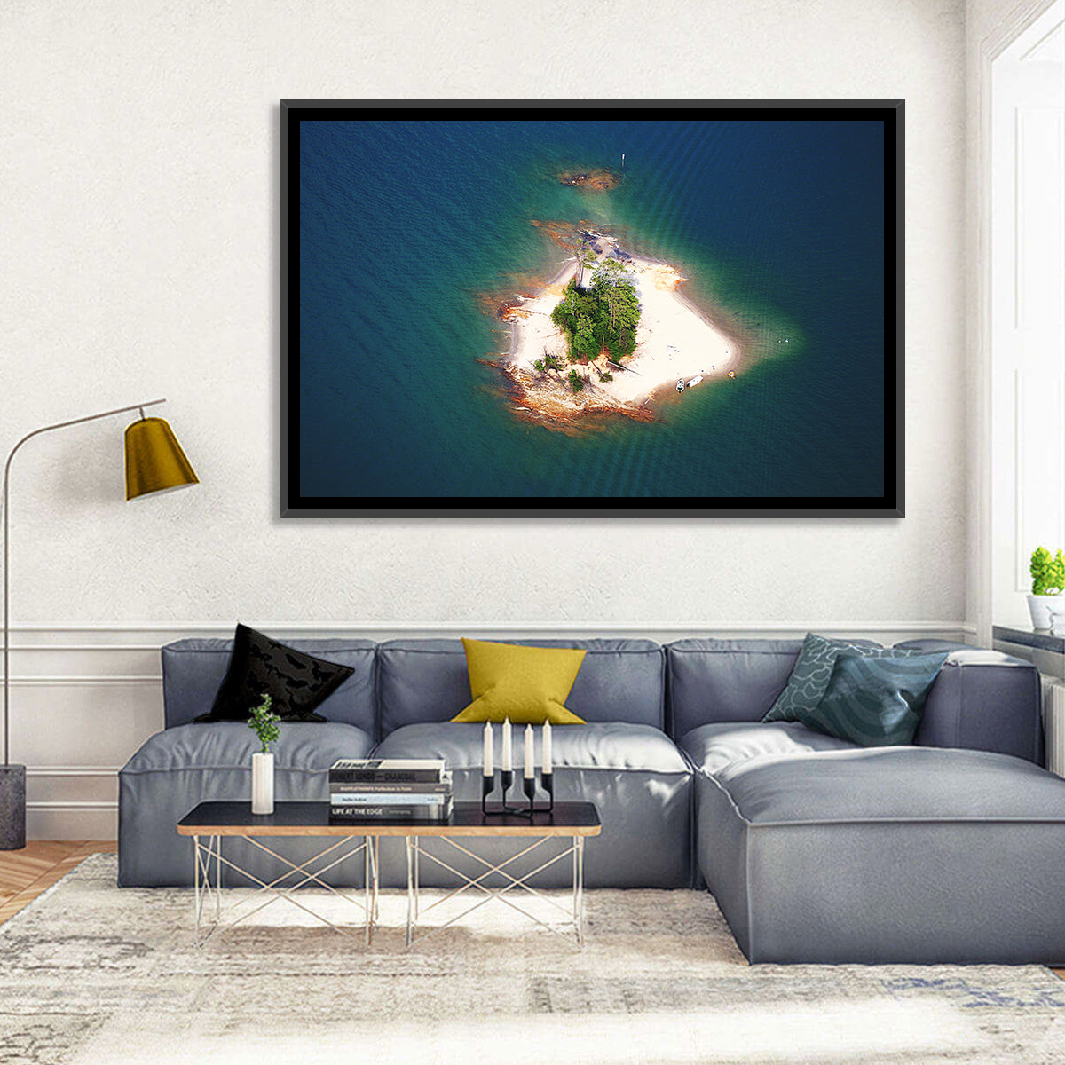 Lake Lanier Island Aerial View Wall Art in a room, landscape