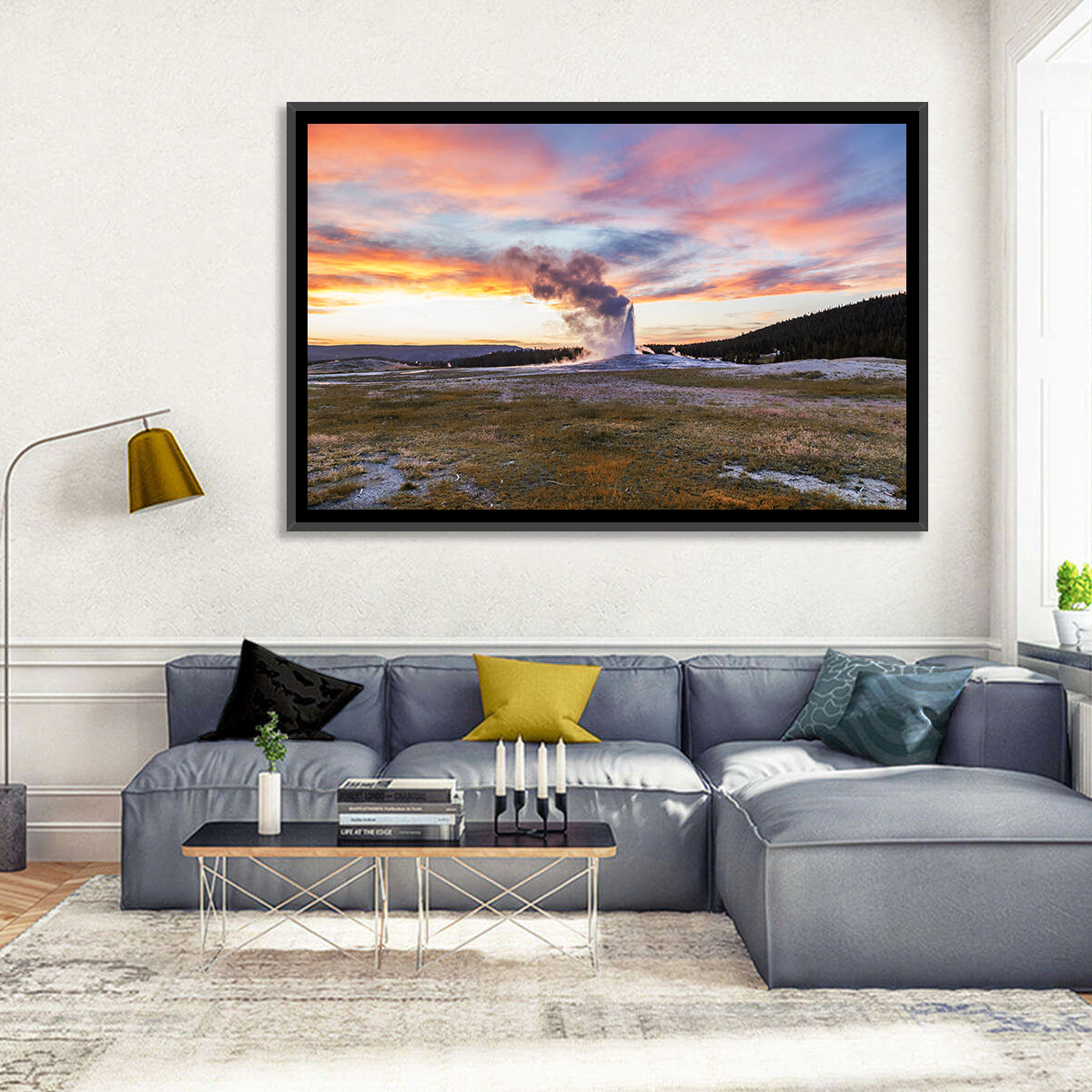 Old Faithful Erupting at Sunset Wall Art