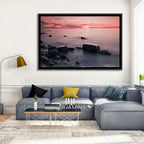 Pink Dusk Lakeshore with Silhouetted Rocks Wall Art