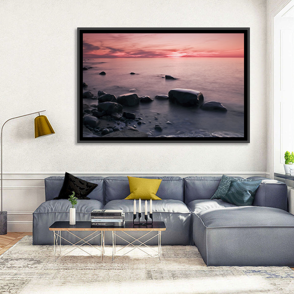 Pink Dusk Lakeshore with Silhouetted Rocks Wall Art