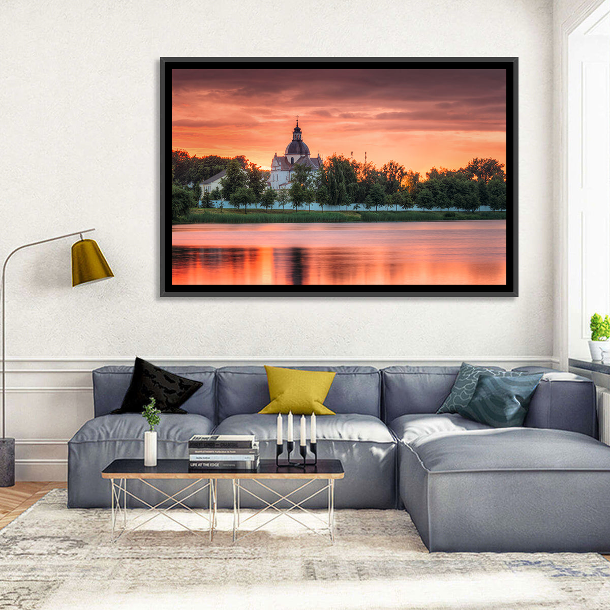 Corpus Christi Church Sunset Reflection Wall Art in a room, landscape