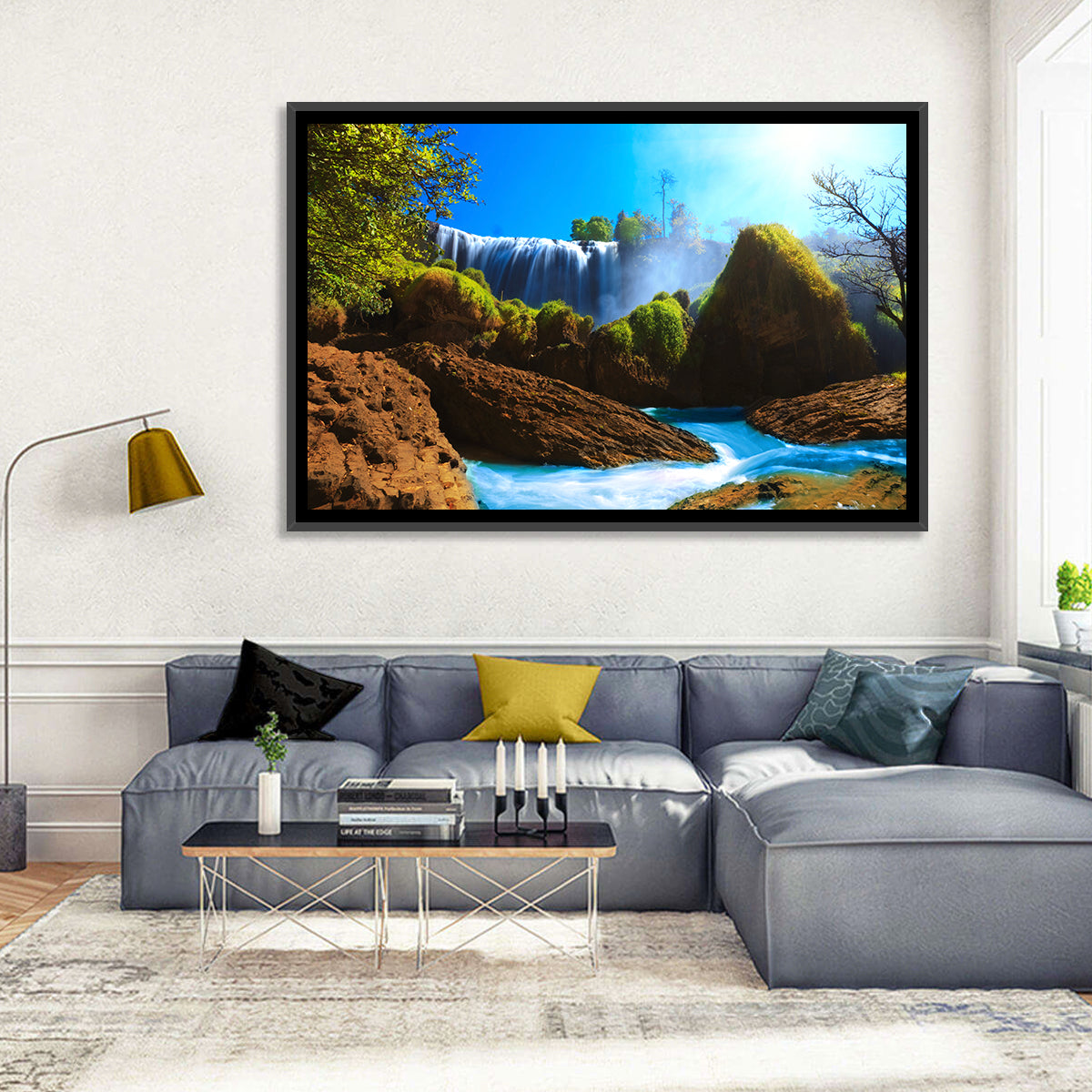 Sunlit Turquoise Waterfall Wall Art in a room, landscape