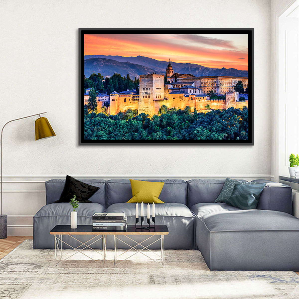 Alhambra Fortress at Golden Sunset Wall Art in a room, landscape