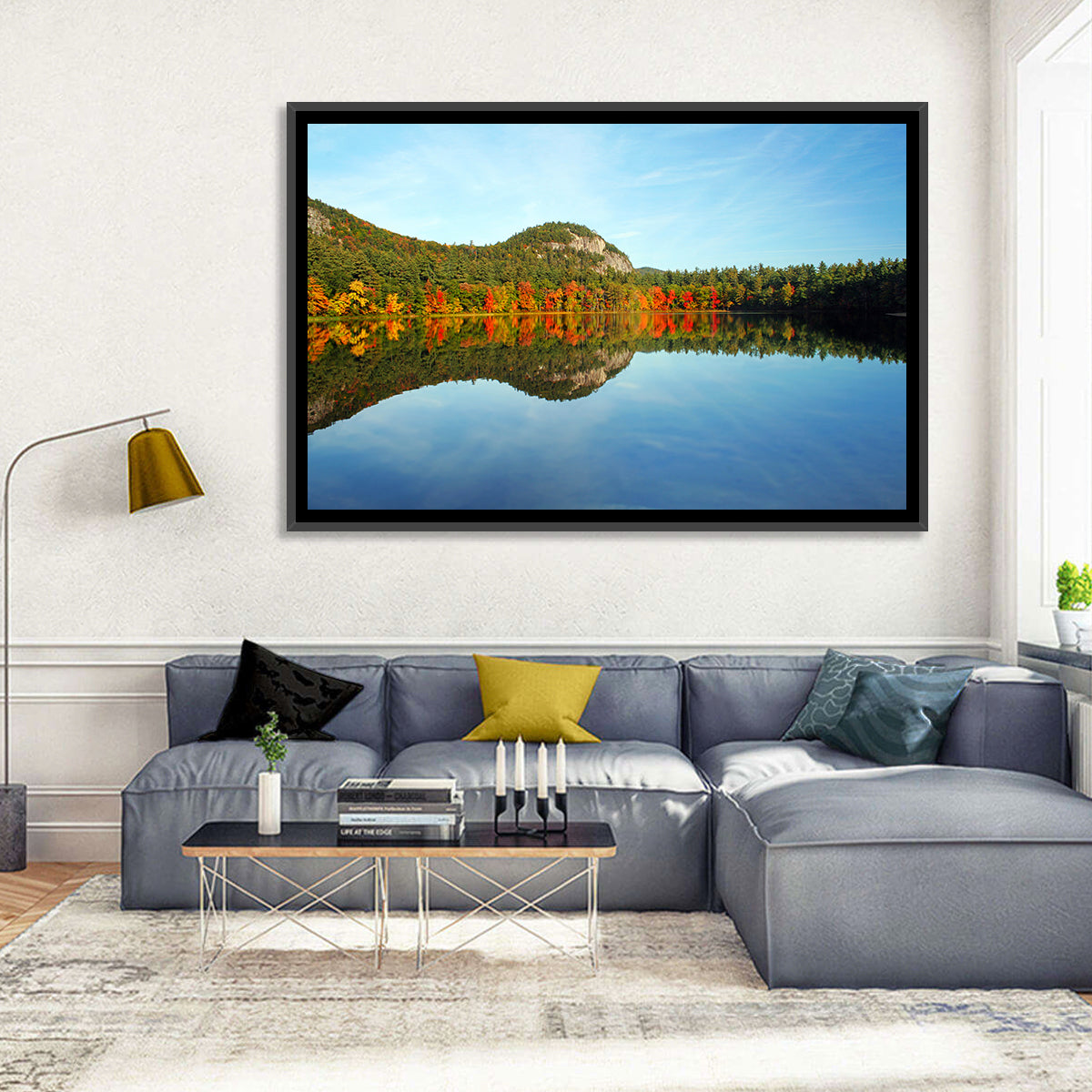 Echo Lake Autumn Reflection Wall Art in a room, landscape