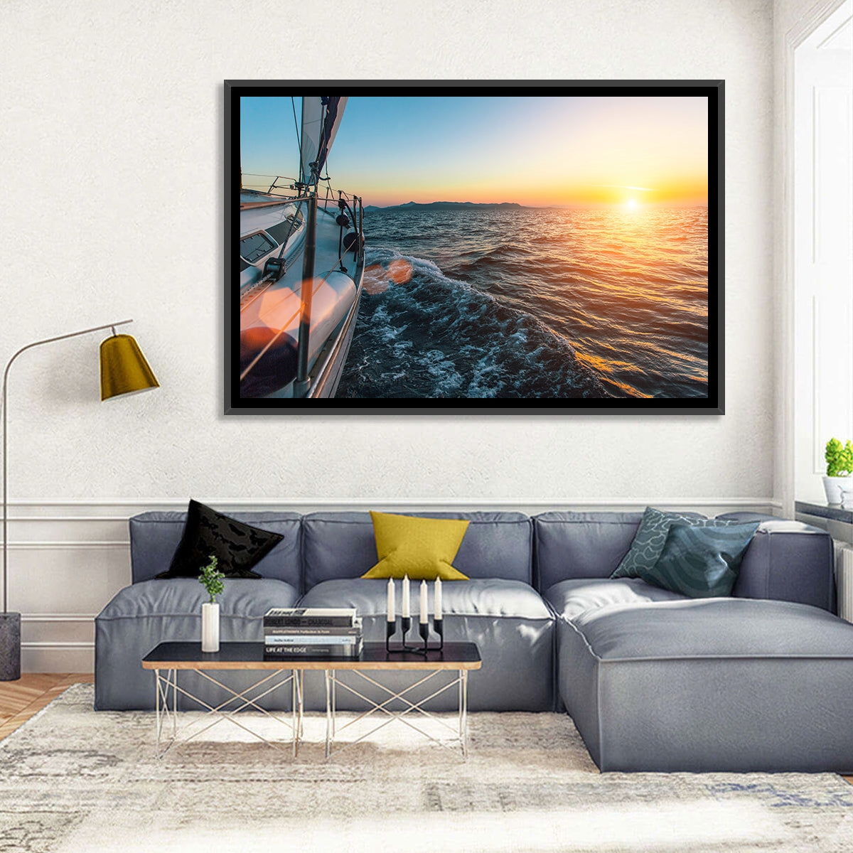 Sunset Sail from Deck Wall Art in a room, landscape