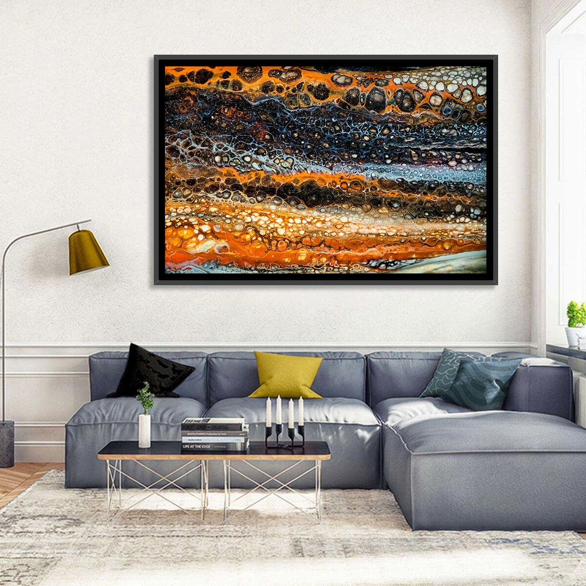 Cosmic River Strata Abstract Pour Wall Art in a room, landscape