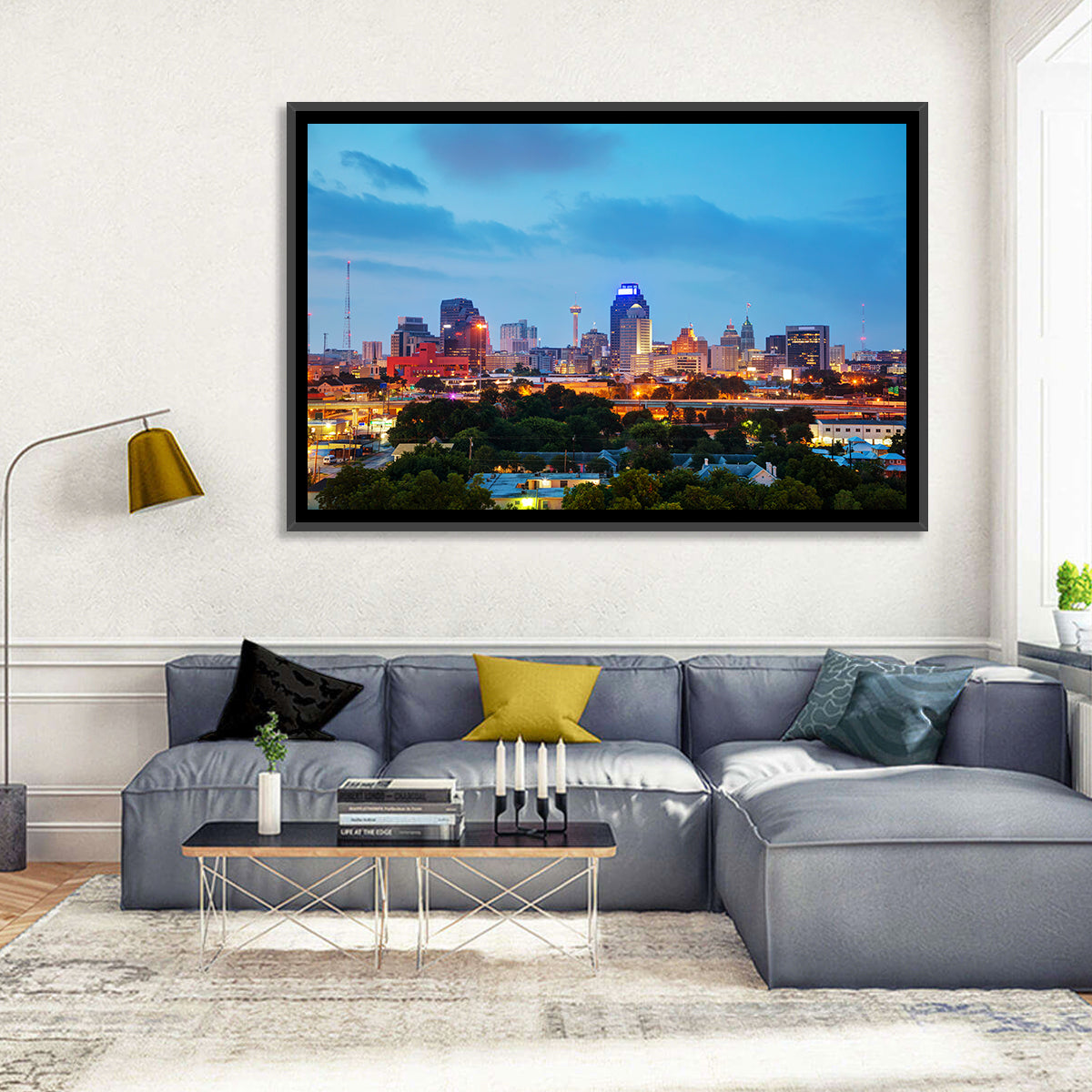 San Antonio Skyline at Dusk Wall Art in a room, landscape