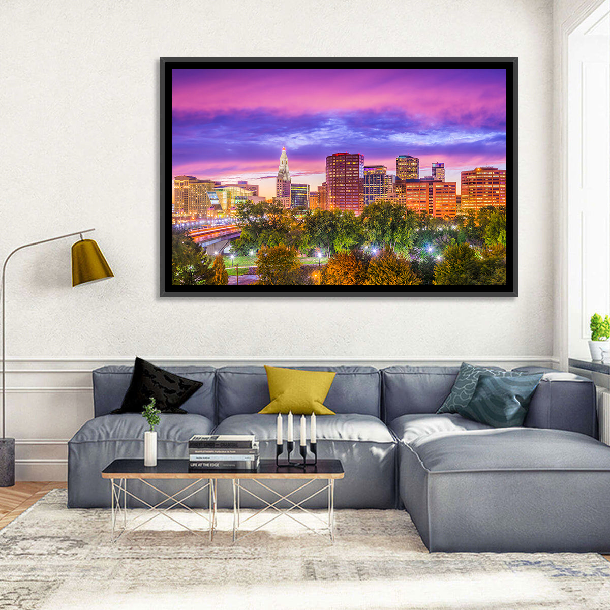Hartford Skyline at Dusk Wall Art in a room, landscape