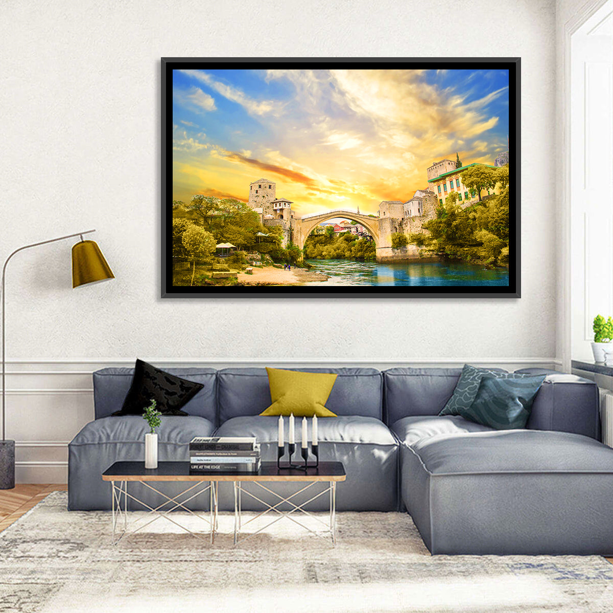 Stari Most at Sunset Wall Art in a room, landscape