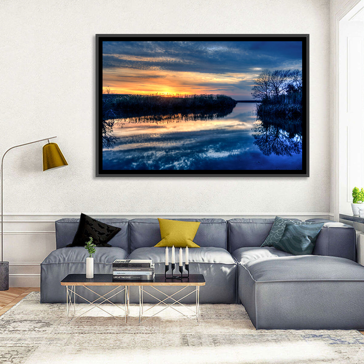 Louisiana Bayou Sunset Wall Art in a room, landscape