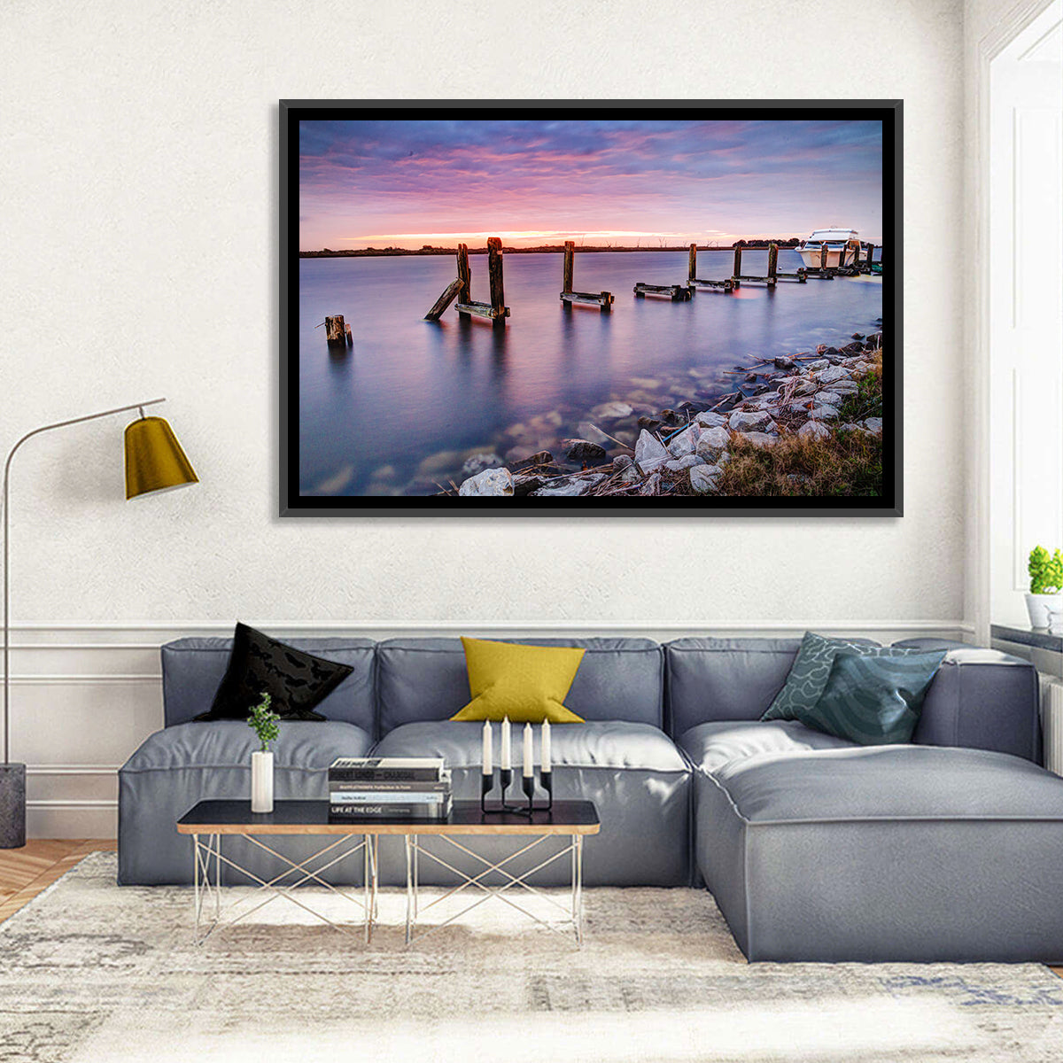 Bayou Lafourche Dock Sunrise Wall Art in a room, landscape