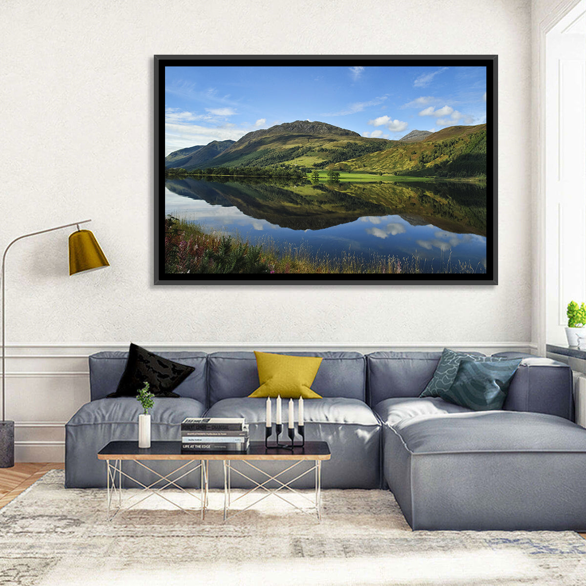 Irish Lake Reflection Wall Art in a room, landscape