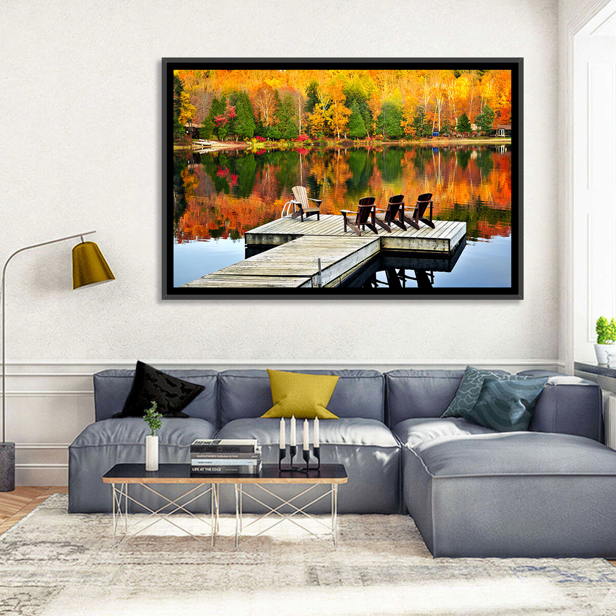 Autumn Lake Dock with Adirondack Chairs Wall Art