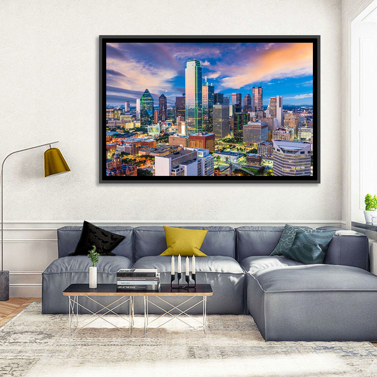 Dallas Twilight Skyline Wall Art in a room, landscape