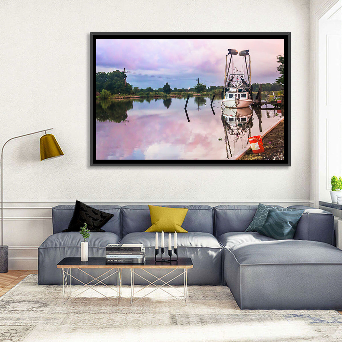 White Shrimp Boat on Louisiana Bayou Wall Art in a room, landscape