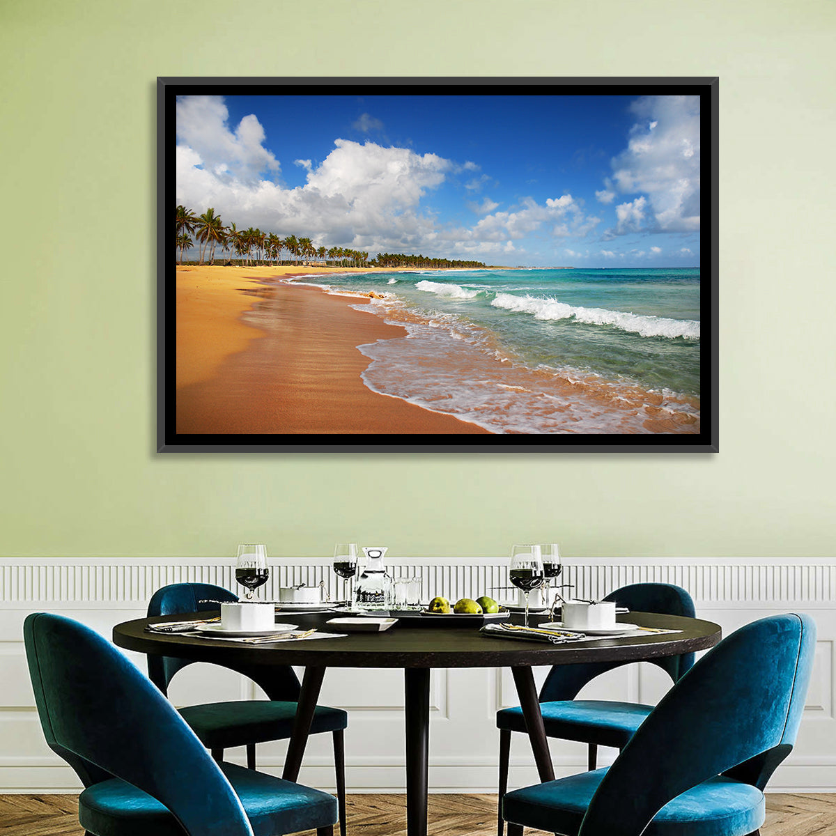 Palm Lined Tropical Coast Wall Art in a room, landscape
