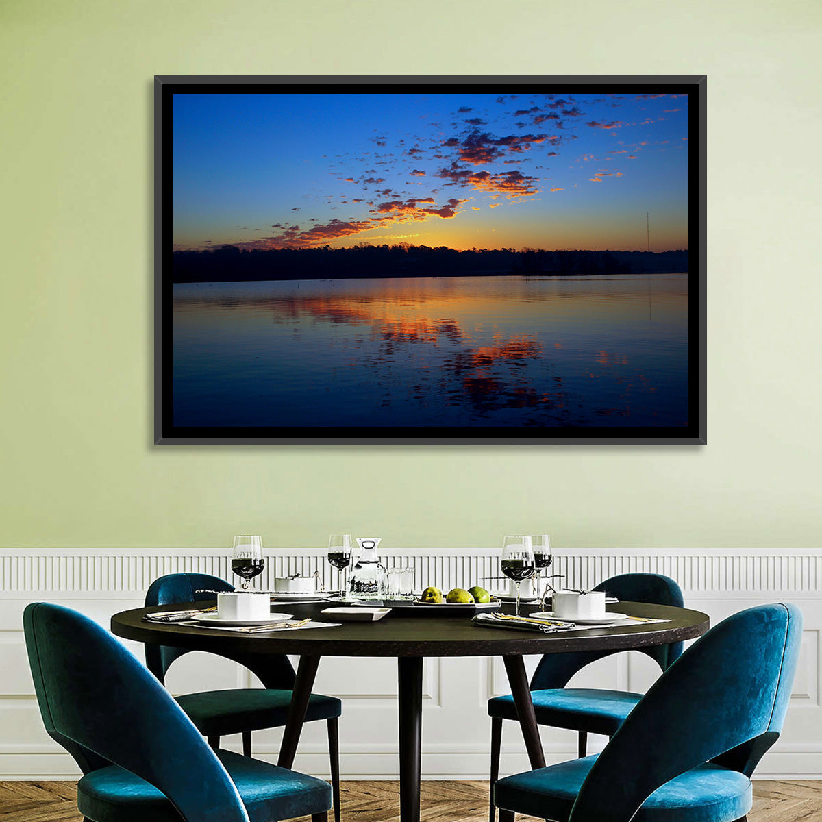 Lake Livingston Sunset Reflection Wall Art in a room, landscape
