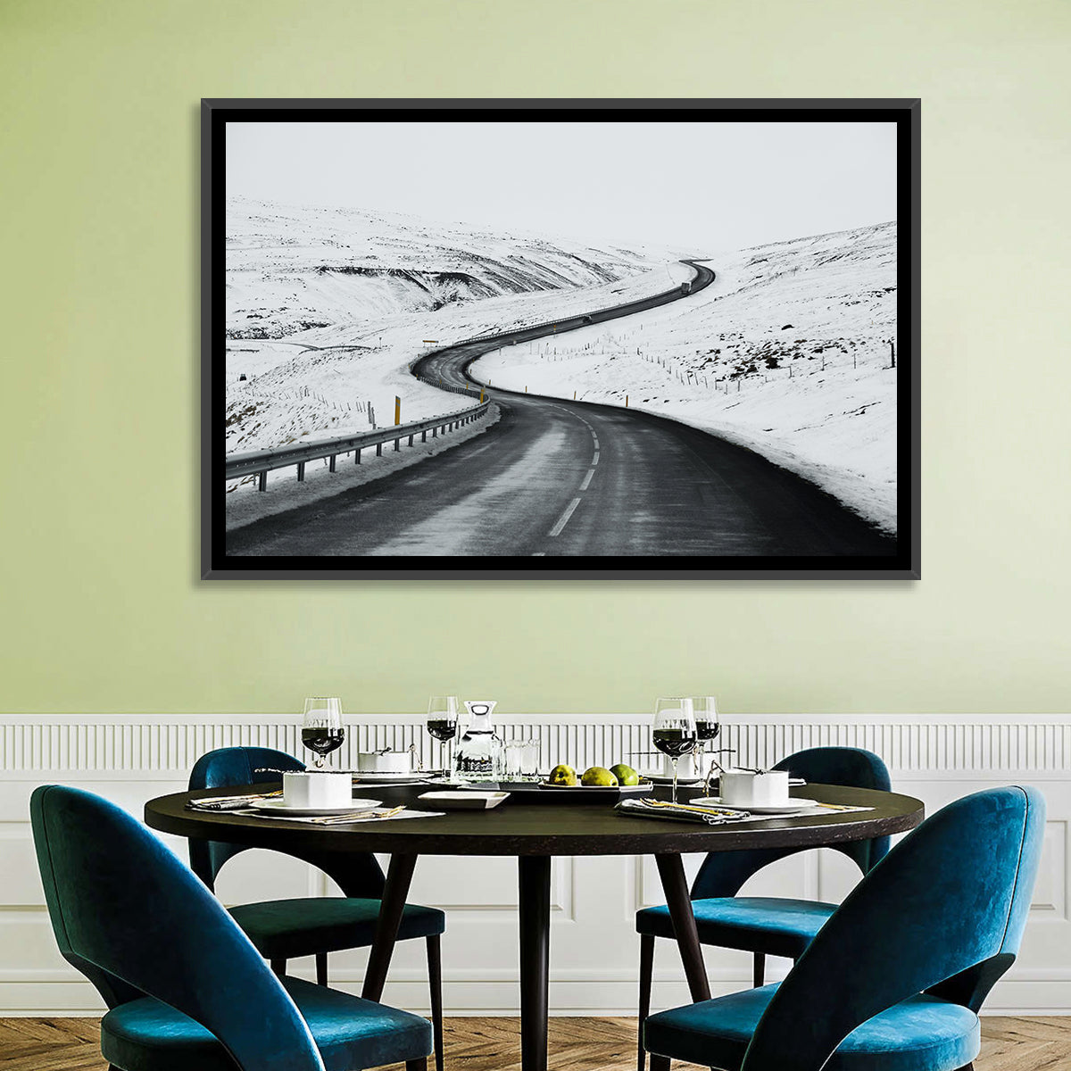 Winding Snow Road with Yellow Markers Wall Art