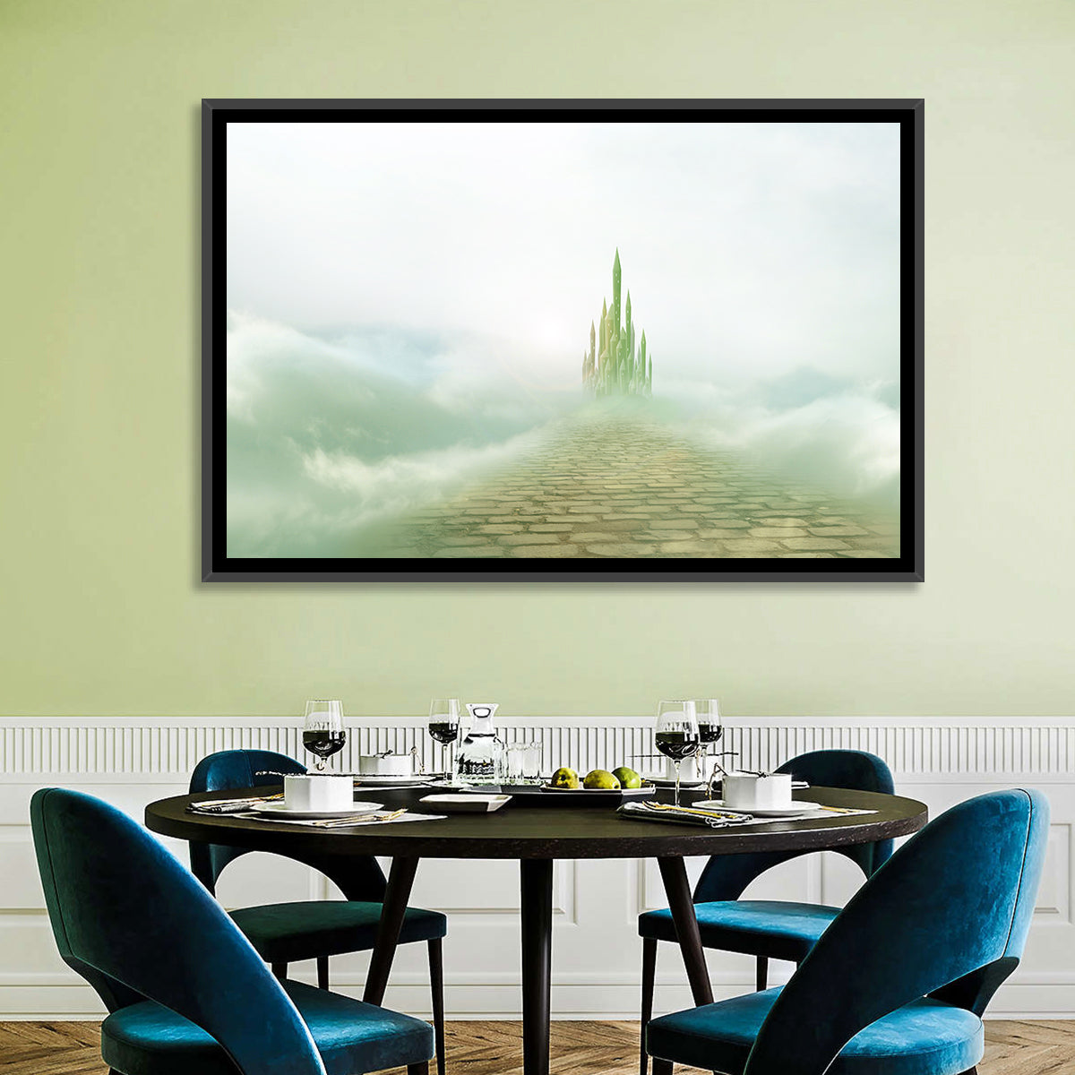 Cobblestone Path to Emerald Castle Wall Art in a room, landscape