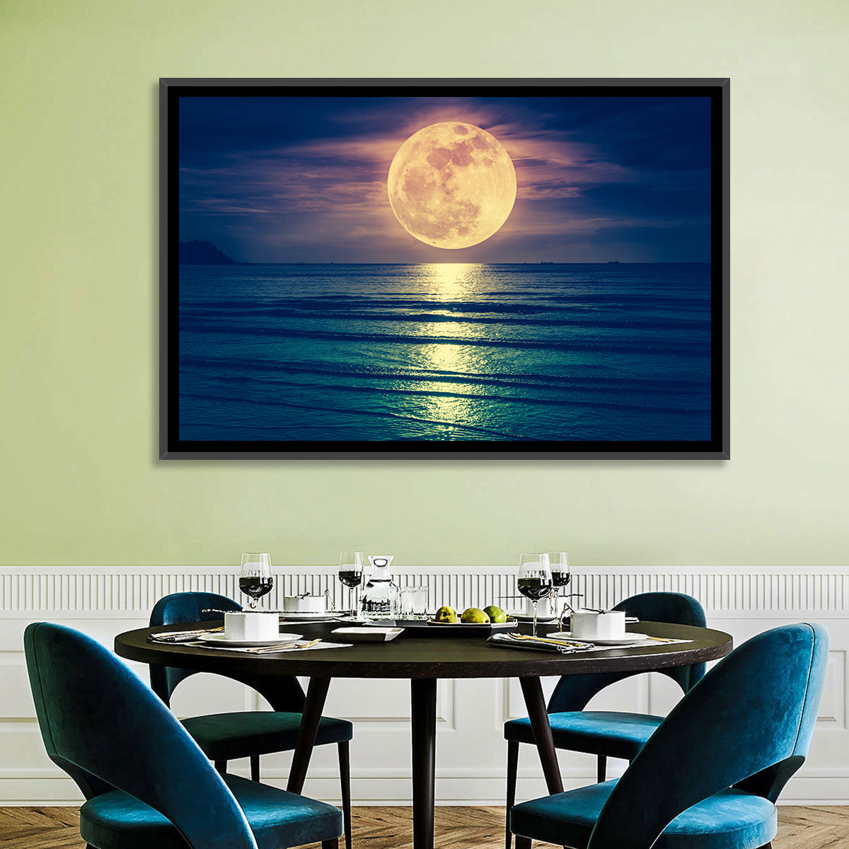 Supermoon Over Calm Sea Wall Art in a room, landscape