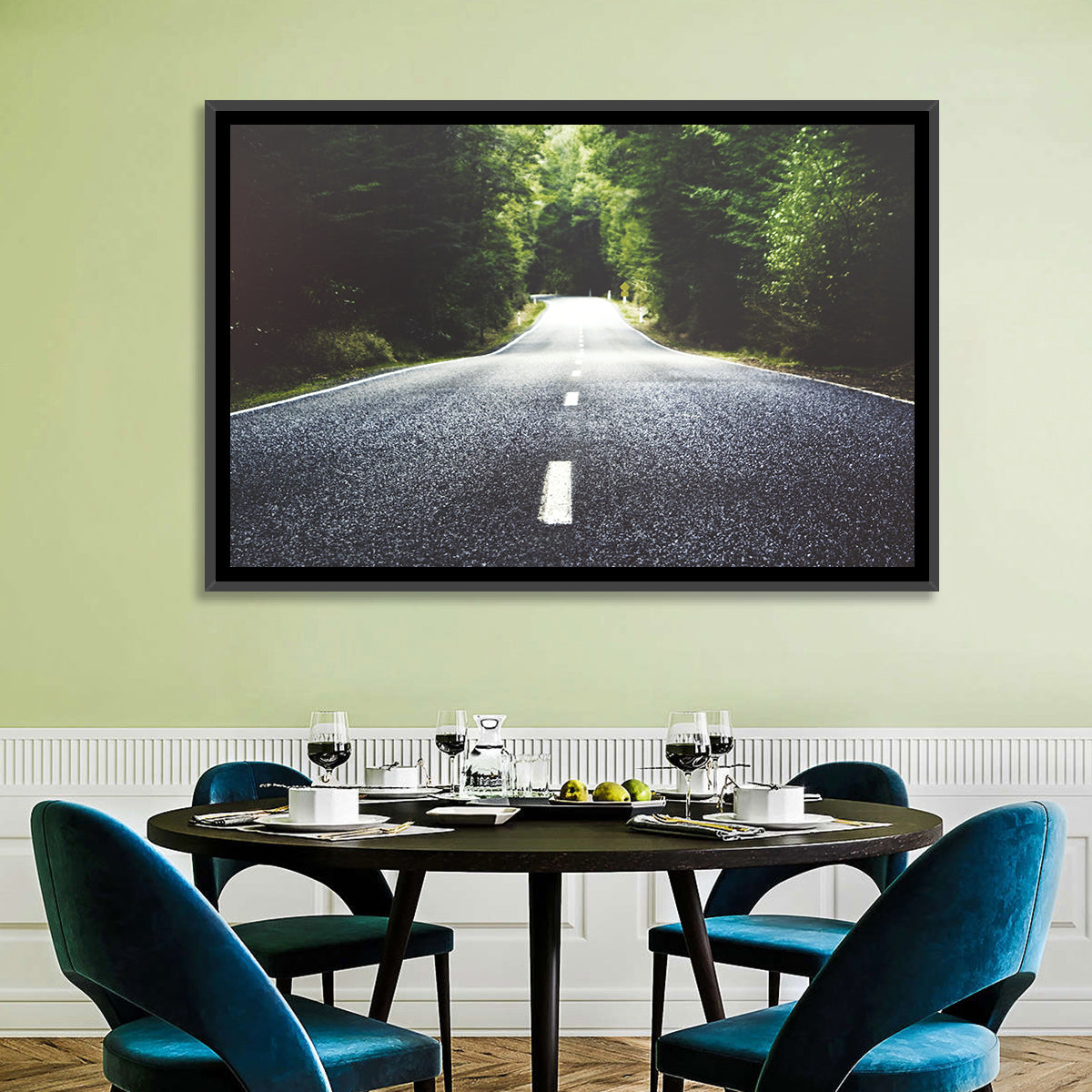 Summer Forest Road with Yellow Sign Wall Art in a room, landscape