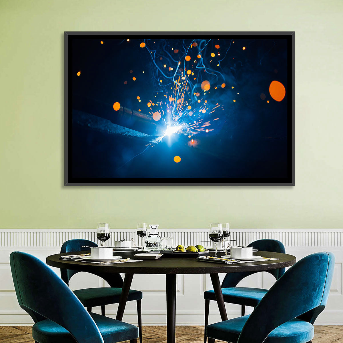 Welding Sparks Close-up Wall Art in a room, landscape