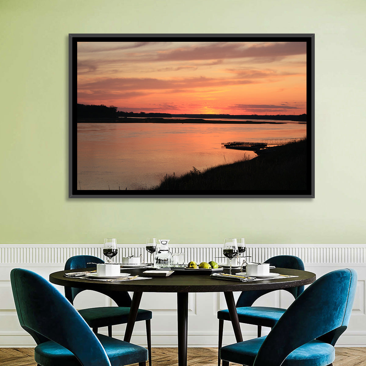 Missouri River Sunset at Dusk Wall Art in a room, landscape