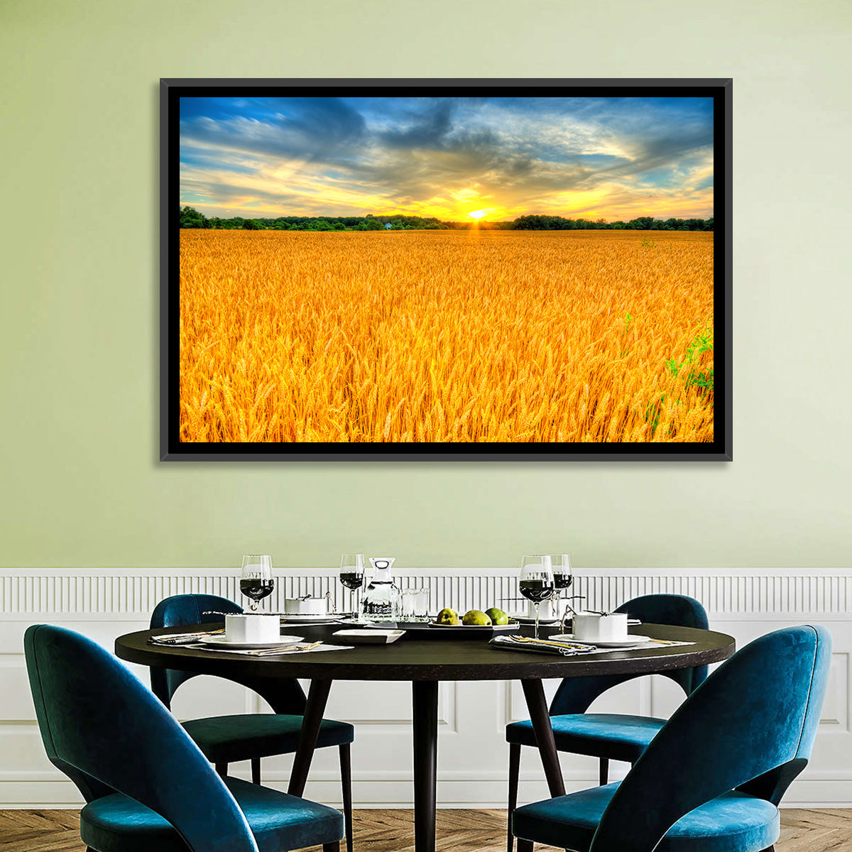 Wheat Field Sunset Wall Art in a room, landscape
