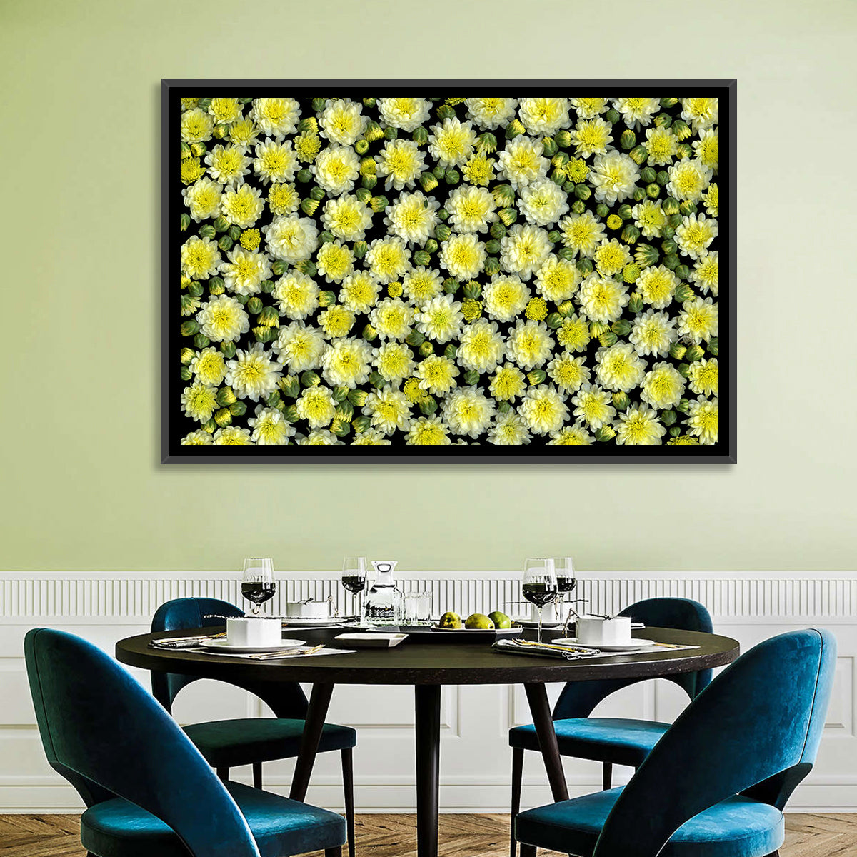 Yellow Chrysanthemum Bloom Pattern Wall Art in a room, landscape