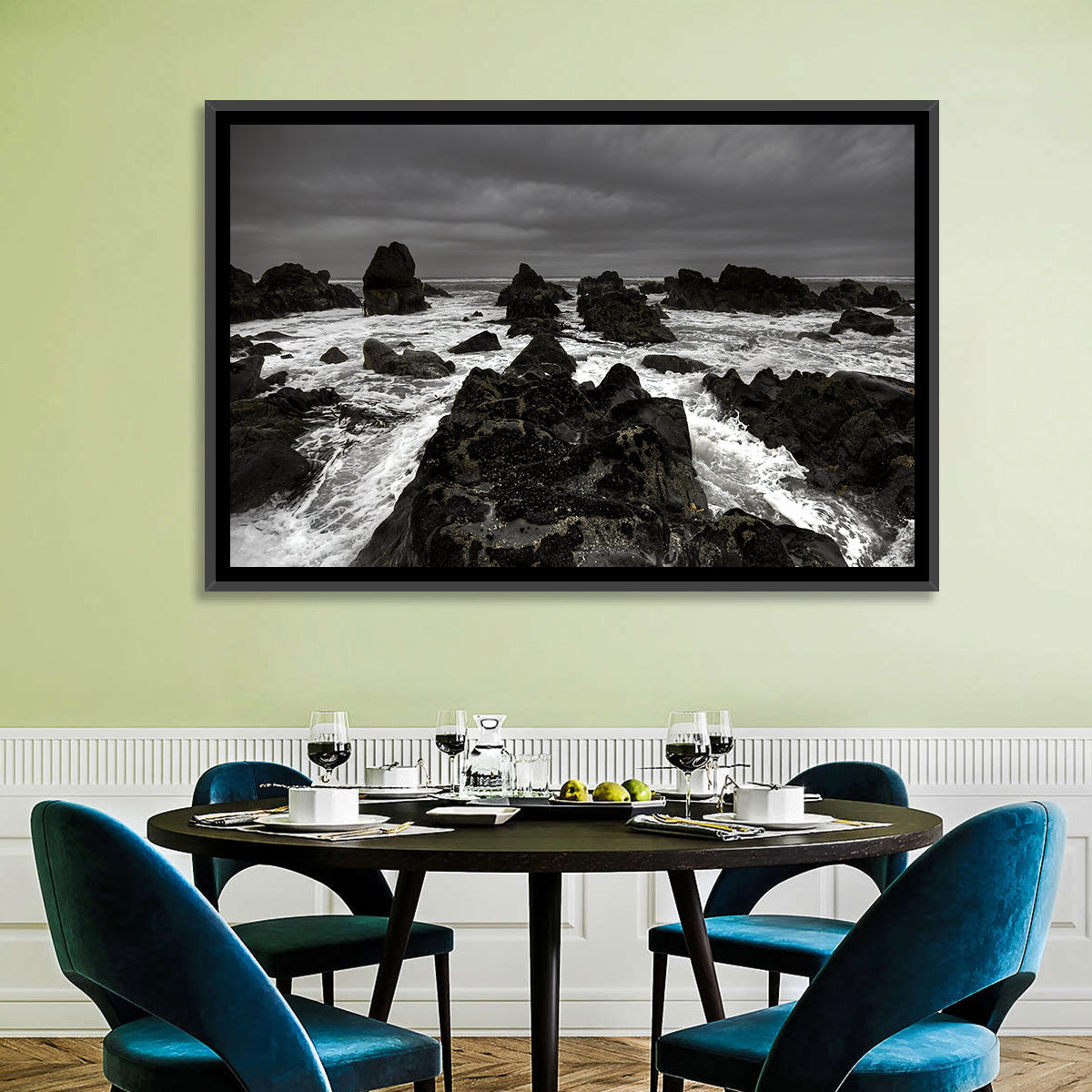 Moody Black and White Rocky Coast Waves Wall Art in a room, landscape