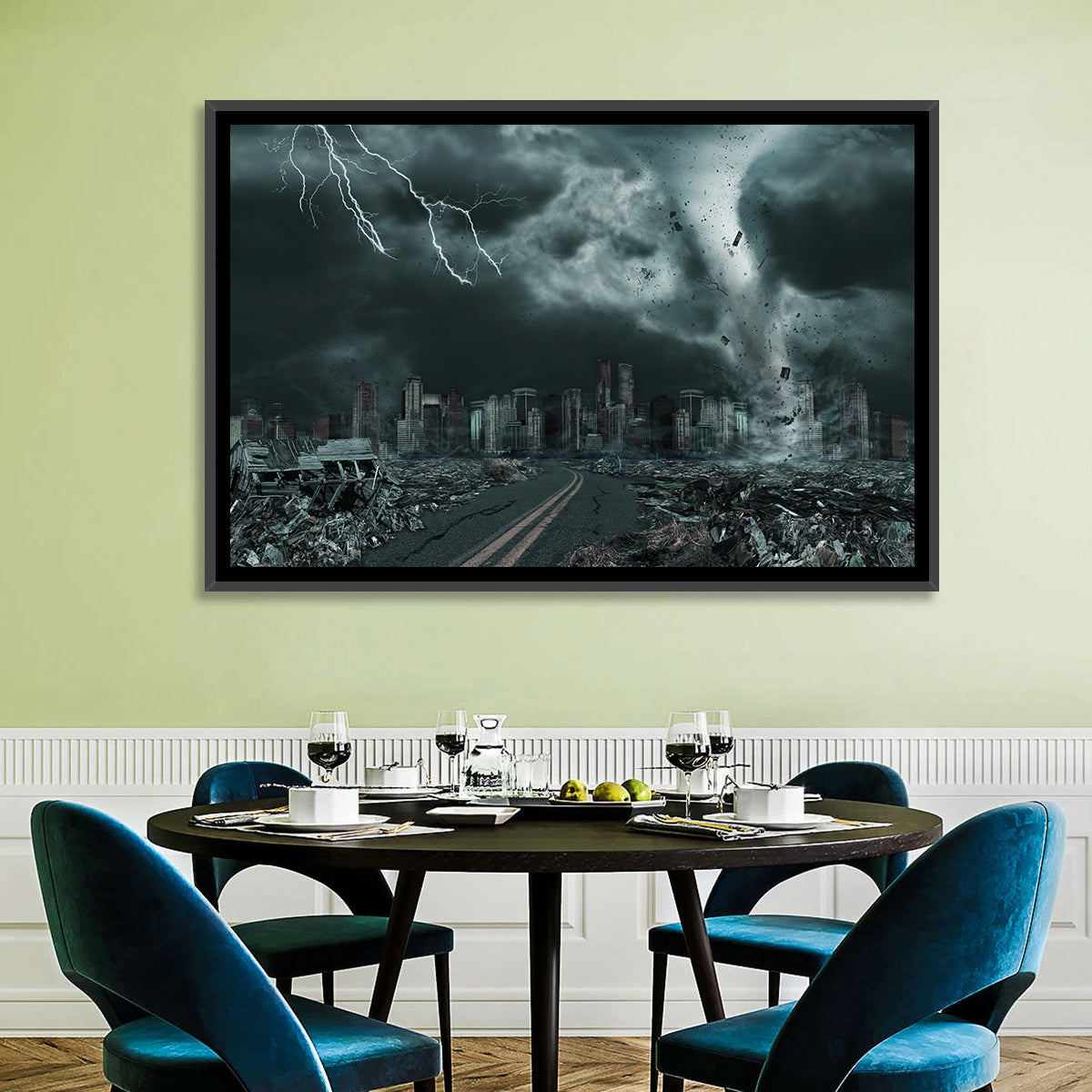 Tornado Over Destroyed City Skyline Wall Art in a room, landscape