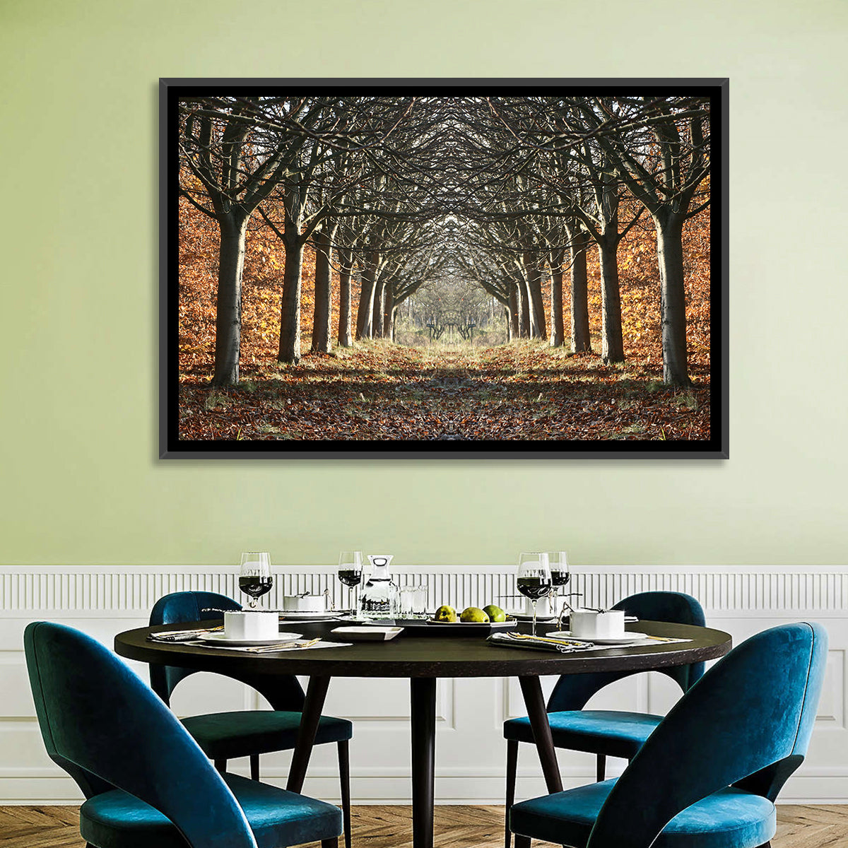 Danish Autumn Tree-lined Path Wall Art in a room, landscape