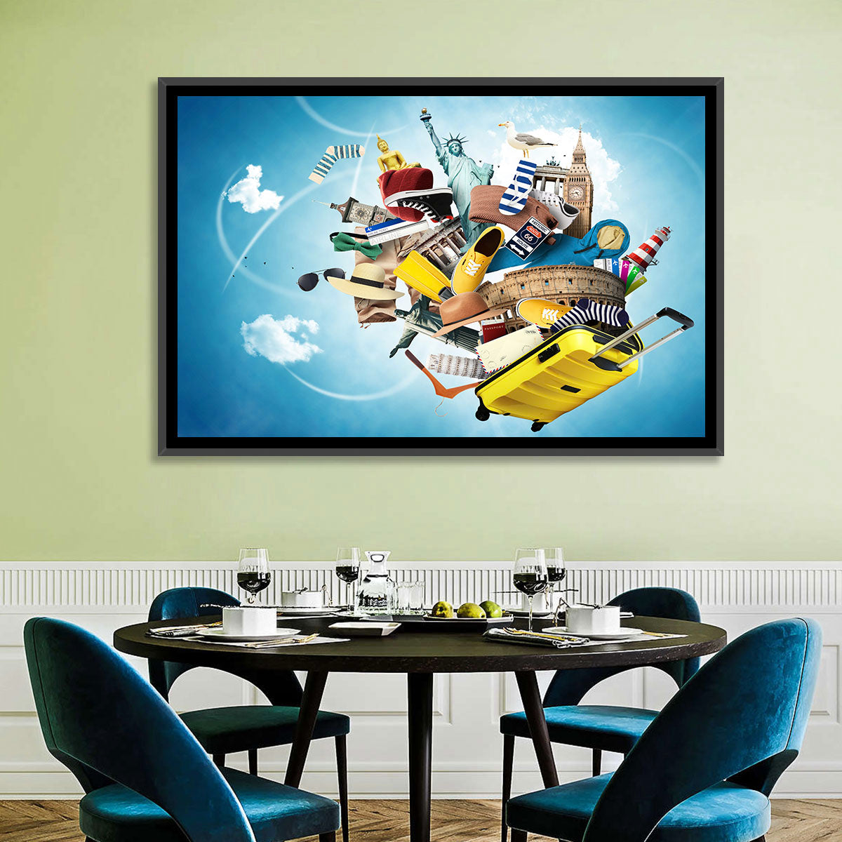 Floating Landmarks with Yellow Suitcase Wall Art