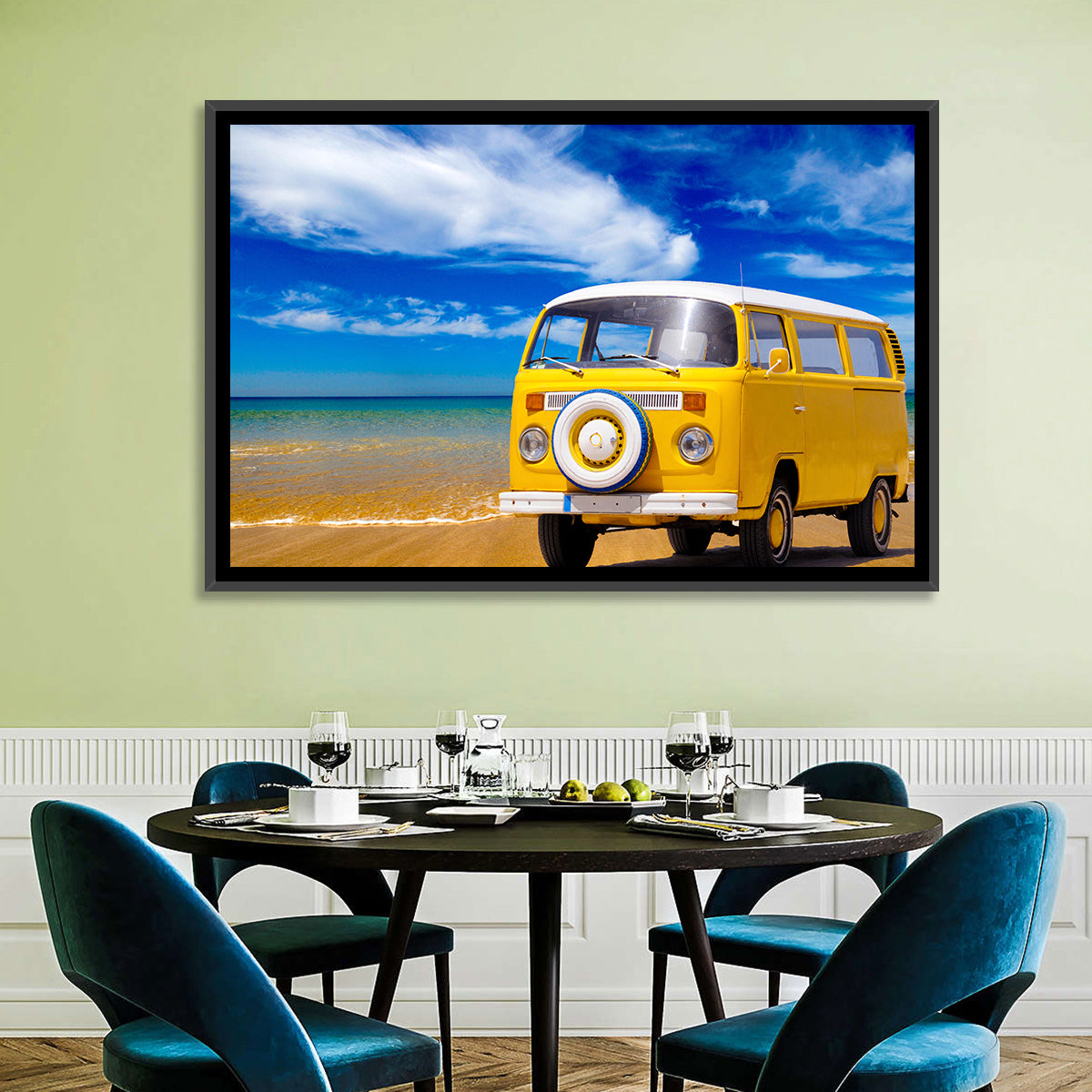 Yellow Vintage Van on Beach Wall Art in a room, landscape