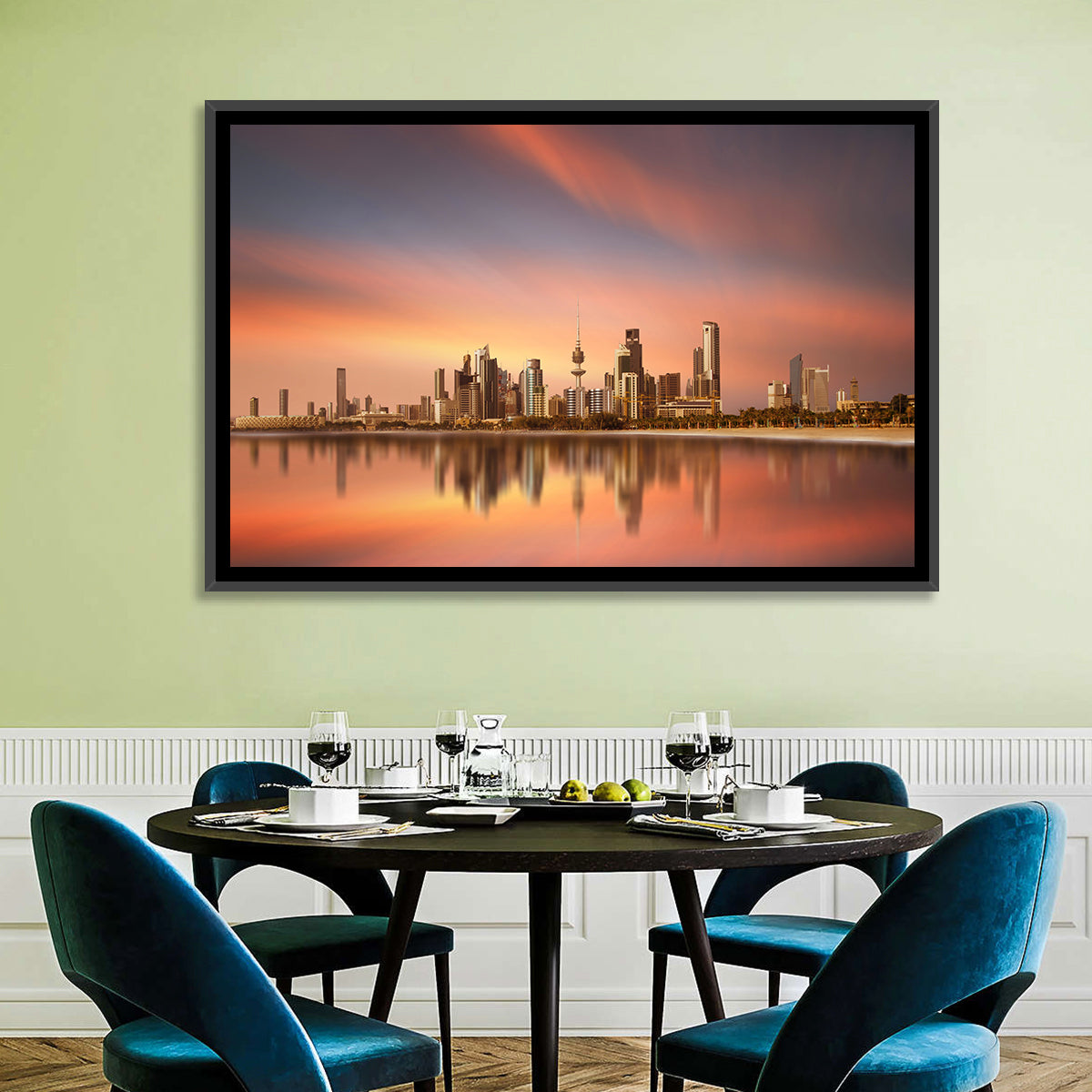 Kuwait City Skyline at Sunset Wall Art in a room, landscape