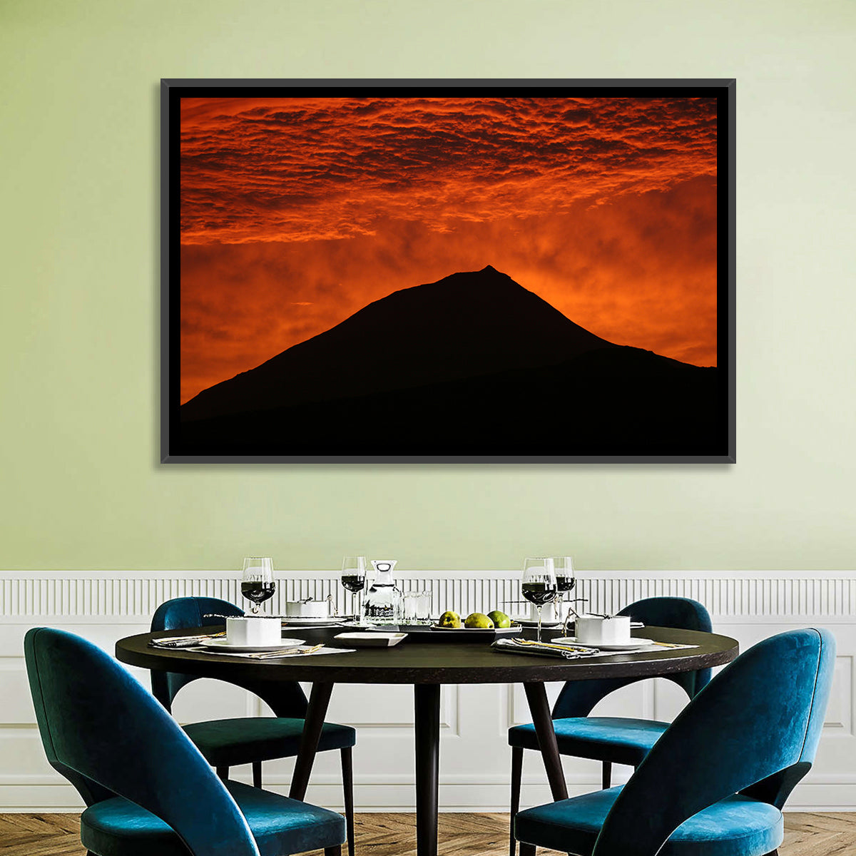 Pico Island Volcano Silhouette at Sunset Wall Art in a room, landscape