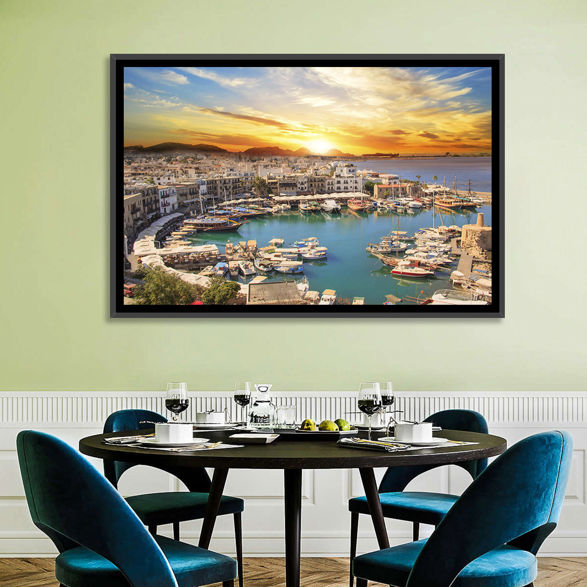 Kyrenia Harbour at Sunset Wall Art in a room, landscape