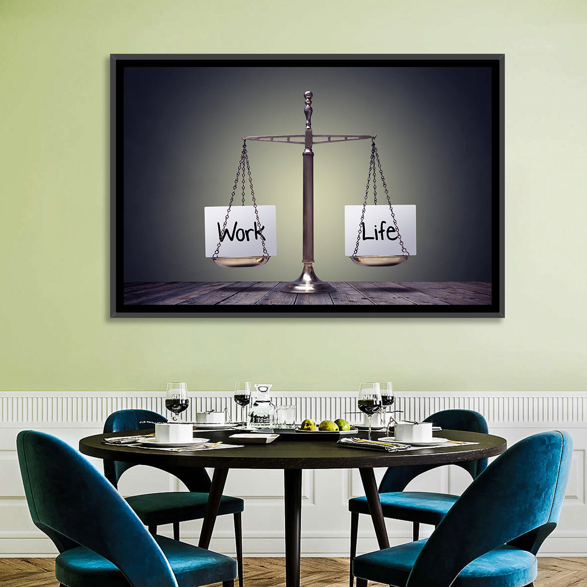 Metallic Scale: Work and Life Wall Art in a room, landscape