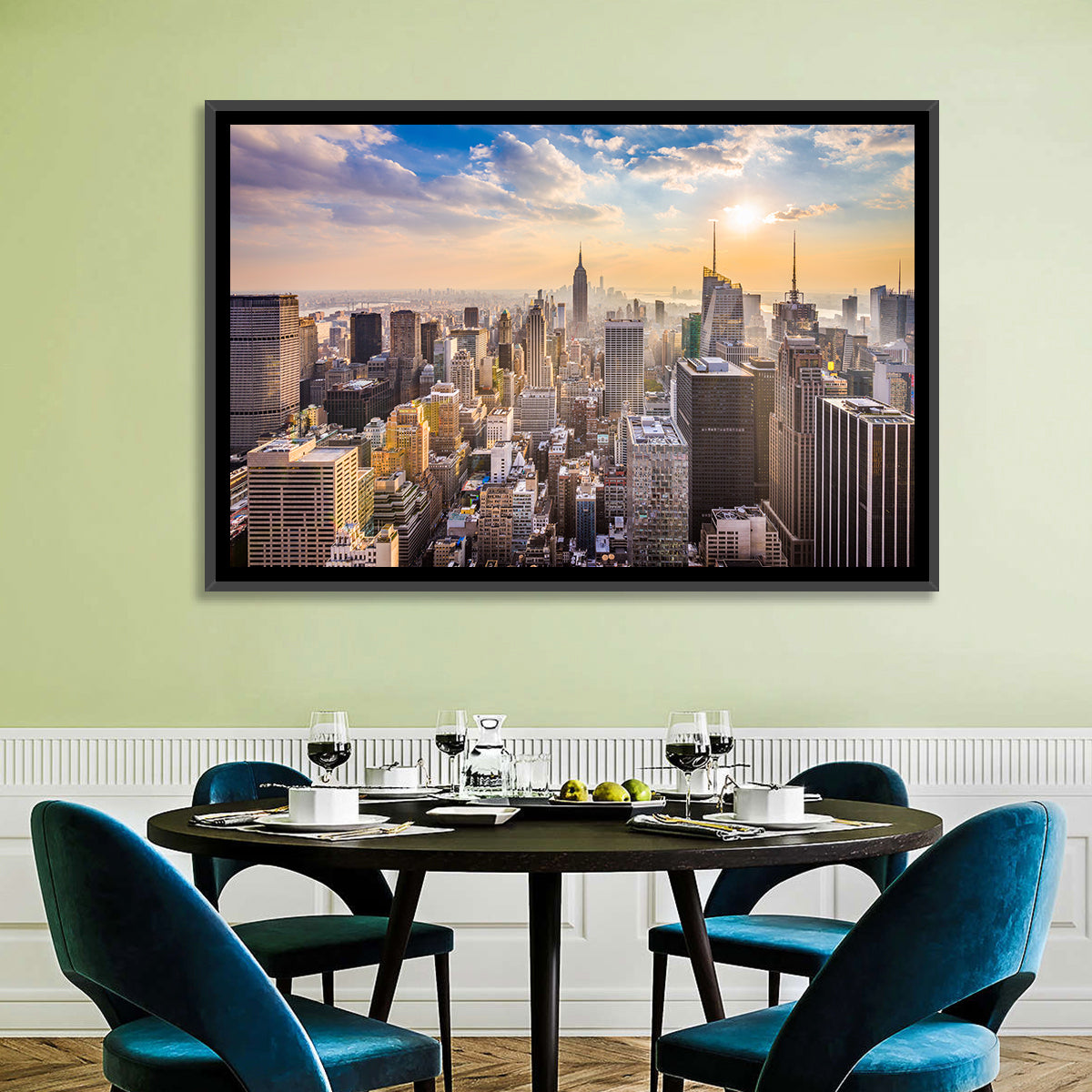 New York City Skyline at Golden Hour Wall Art in a room, landscape