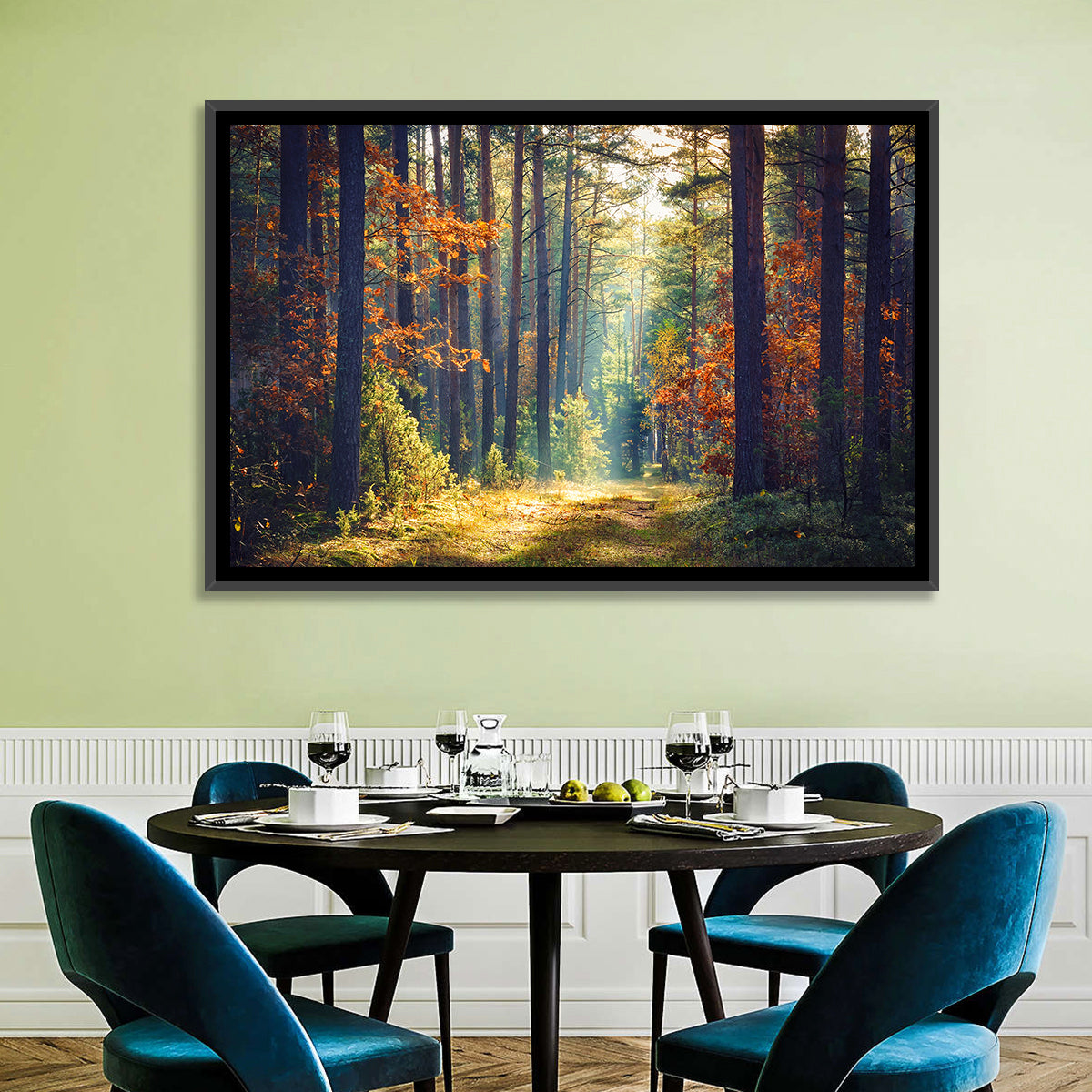 Sunlit Autumn Pine Forest Wall Art in a room, landscape