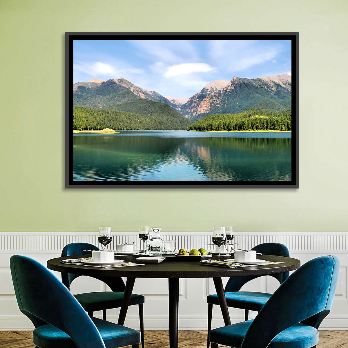 Mission Mountain Lake Reflection Wall Art in a room, landscape