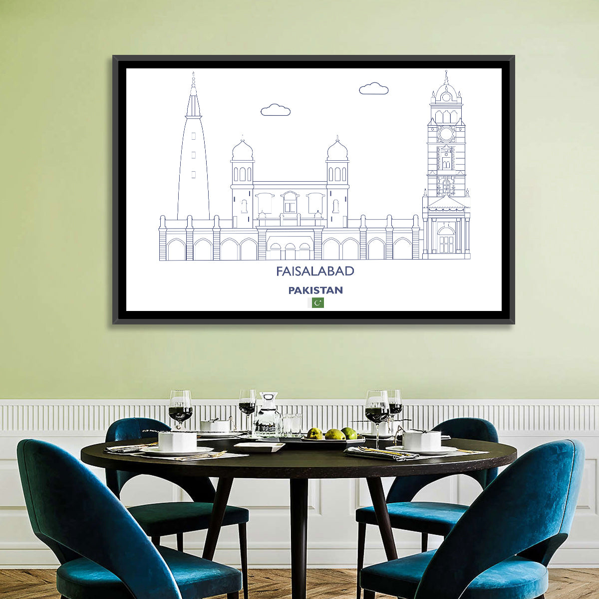 Faisalabad Clock Tower Skyline Wall Art in a room, landscape