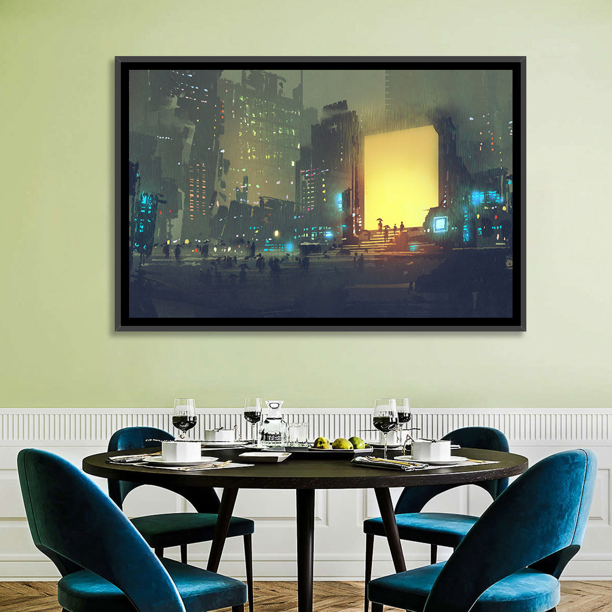 Rainy Night City with Glowing Portal Wall Art
